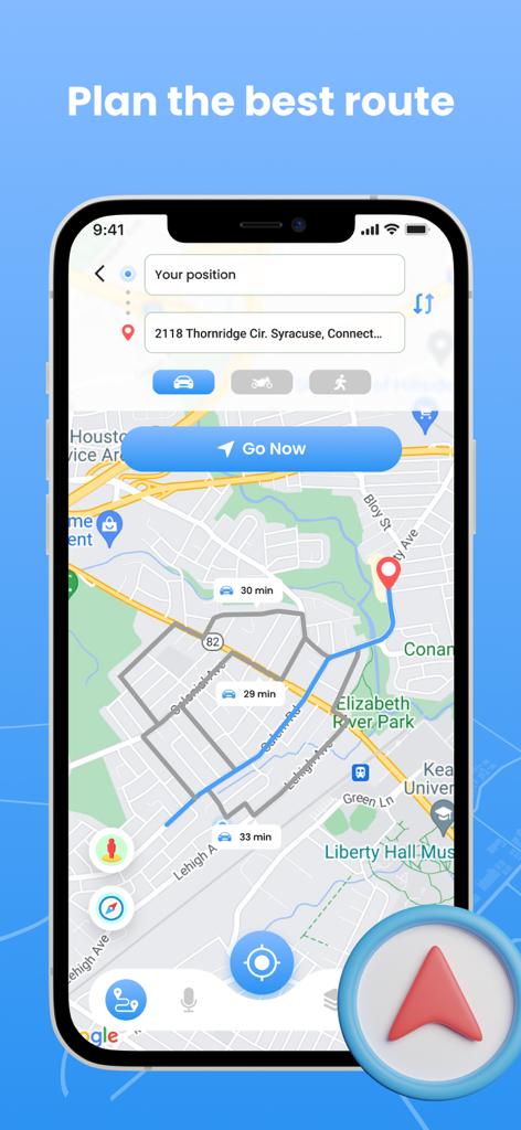 A smartphone displaying the GPS Navigation app interface for planning the best driving route on a map