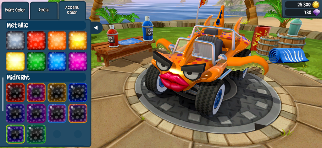 Beach Buggy Racing 2 - Car customization screen in Beach Buggy Racing 2 showing paint color options for a fish-themed vehicle