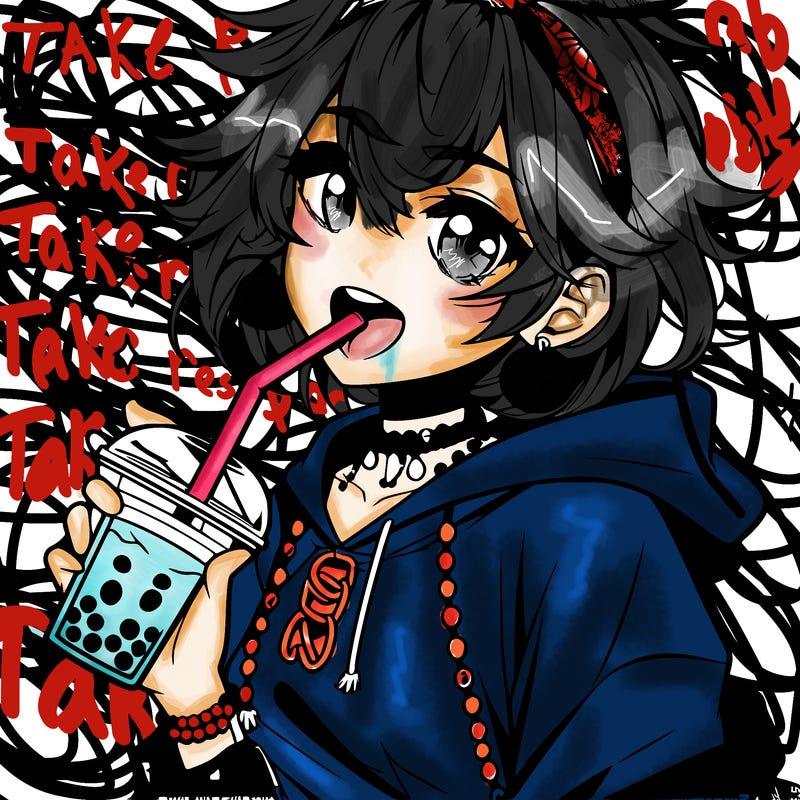 hot baddie anime girl drinking boba and biting the straw