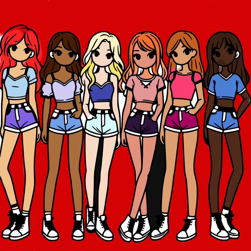 a group of girls wearing crop tops and shorts