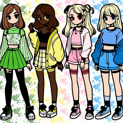 one girl with crop-top shirt and a jacket with a skirt, long socks and another girl with a shirt and pants with a jacket