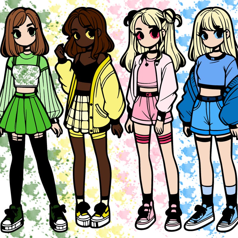 one girl with crop-top shirt and a jacket with a skirt, long socks and another girl with a shirt and pants with a jacket