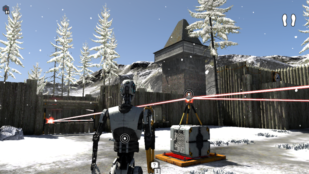 A robot character solving a red laser puzzle in a snowy environment in The Talos Principle