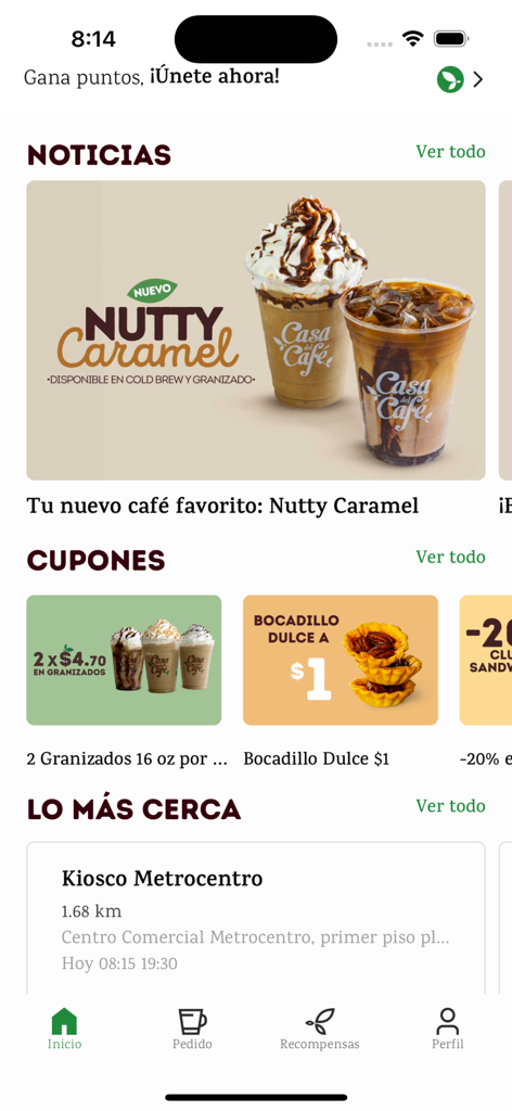 Startbildschirm der Casa del Cafe mobilen App mit Nachrichten und Kaffee-Gutscheinen