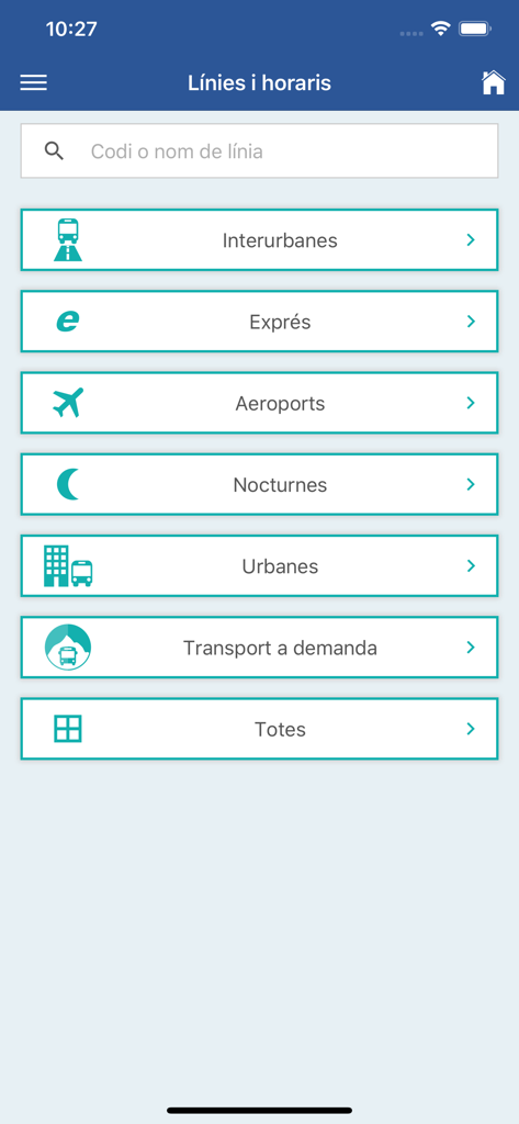 L'application Sagalés affiche différentes catégories de lignes de bus, y compris les services interurbains, express et aéroportuaires