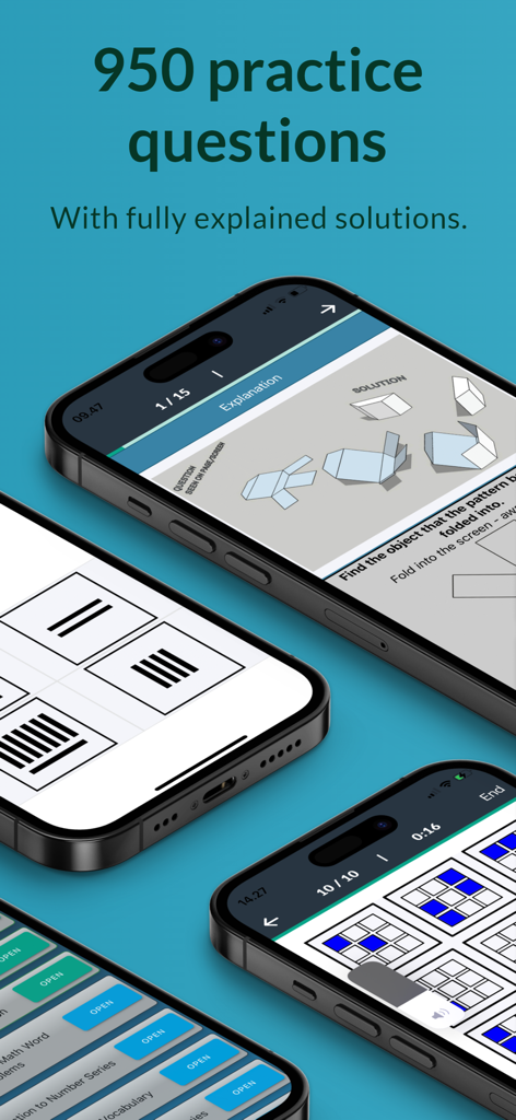 Smartphones displaying CFAT Trainer app features including 950 practice questions and explained solutions for military aptitude testing