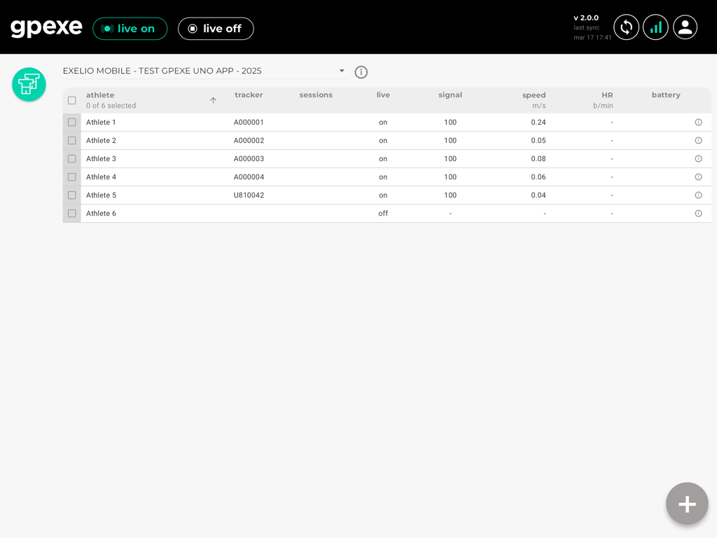 gpexe uno live - Dashboard dell'app gpexe uno live che mostra un elenco di atleti con dati di tracciamento in tempo reale come velocità e intensità del segnale.