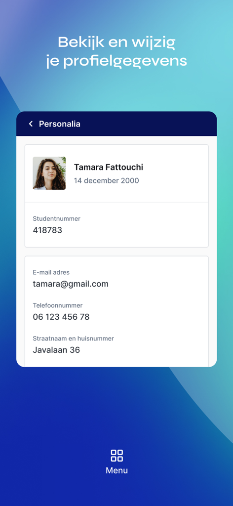 Eduarte Student - Schermata delle informazioni personali e del profilo nell'app Eduarte Student.