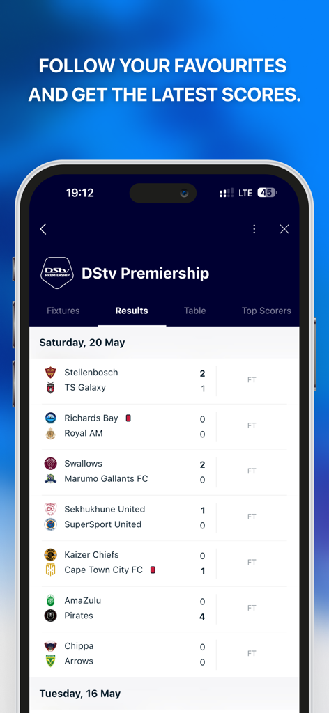 SuperSport - SuperSport app interface showing DStv Premiership soccer match results and scores