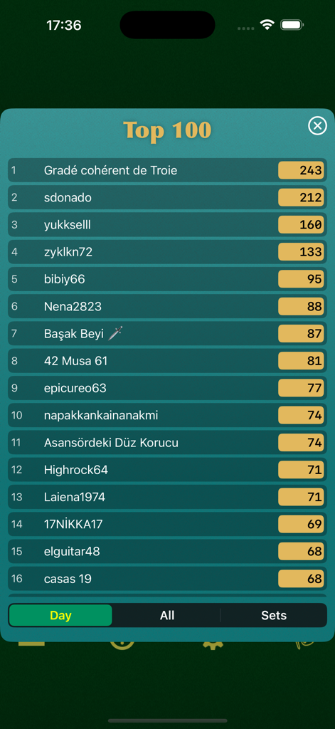 La tabla de clasificación diaria Top 100 muestra las clasificaciones y puntuaciones de los jugadores en el juego de cartas King Online.