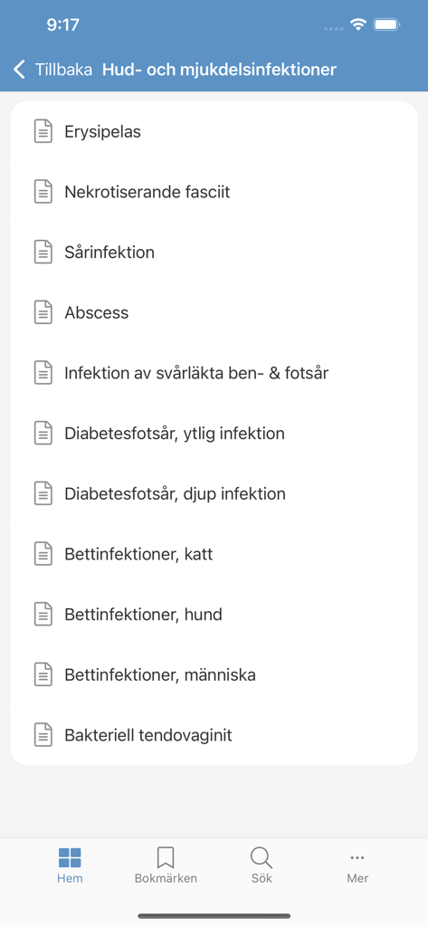 Strama Nationell 앱에서 의료 항생제 지침을 위한 피부 및 연조직 감염 카테고리 목록