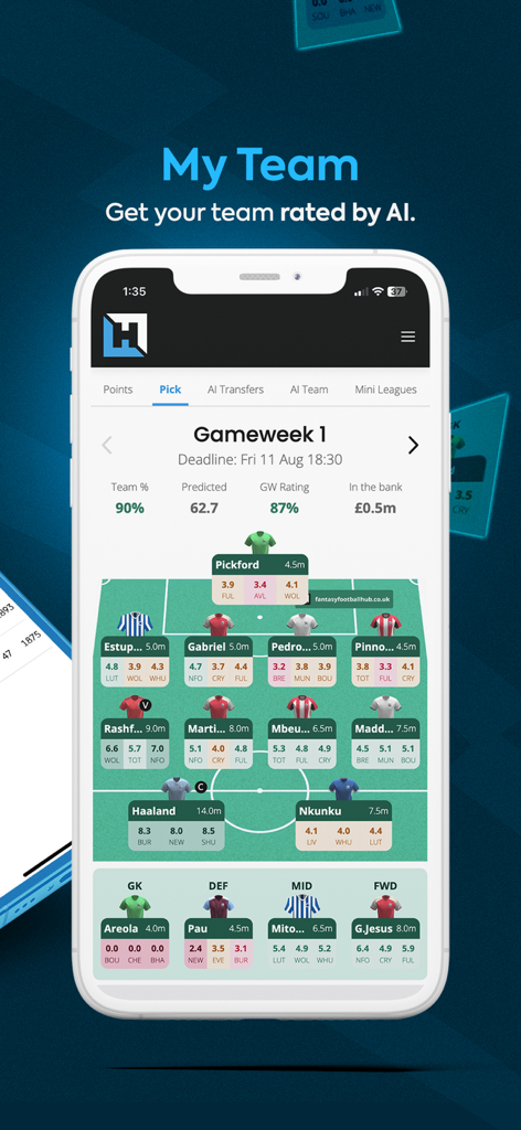 Interface of the Fantasy Football Hub app displaying an AI-rated FPL squad lineup with predicted points