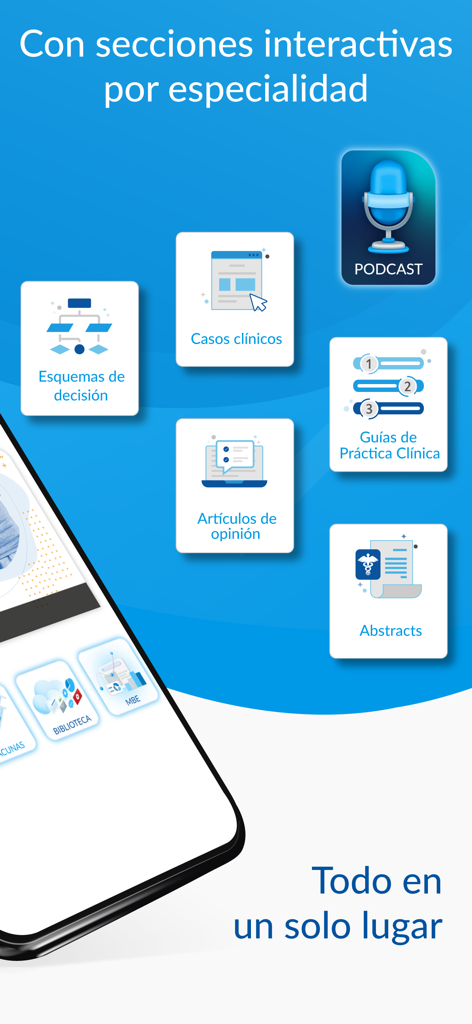 PLM Medicamentos - Interfaz de la aplicación PLM Medicamentos mostrando herramientas clínicas interactivas, incluyendo podcasts, guías médicas y esquemas de decisión