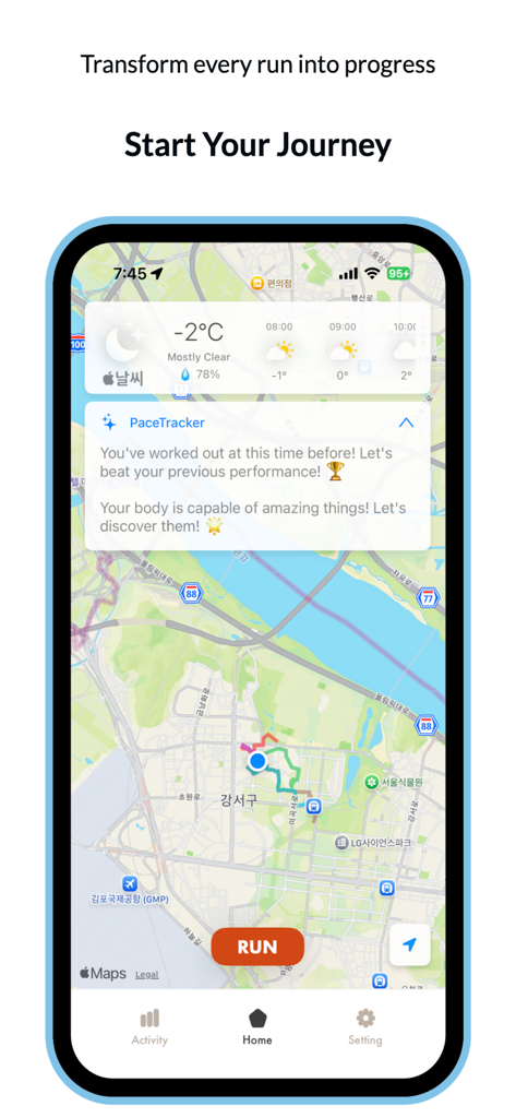 Pace Tracker - Running App - 달리기 경로가 있는 GPS 지도와 실행 버튼이 표시된 페이스 트래커 앱 홈 화면입니다.
