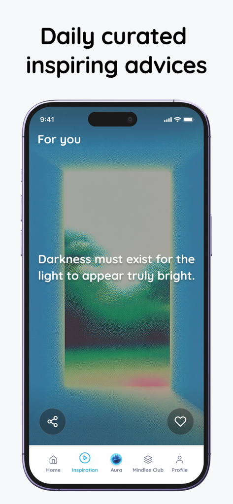 AI Mental Assistant: mindlee - Mindlee app screen showing daily curated inspiring advice with a motivational quote about darkness and light.