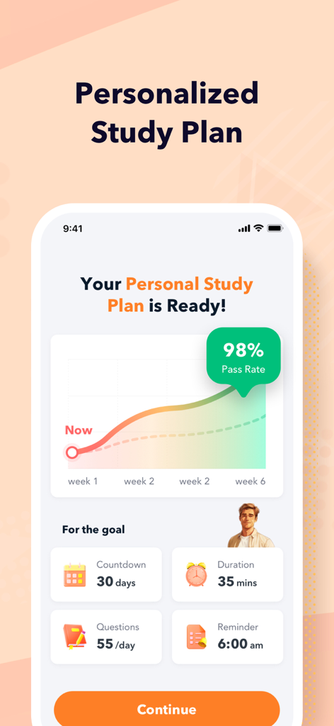 Schermata di un telefono che mostra un piano di studi CPIM personalizzato con un grafico di probabilità di successo e obiettivi di studio giornalieri.