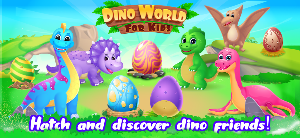 Dino World for Kids age 5 4 3 - カラフルな漫画の恐竜と卵のグループが先史時代の風景に
