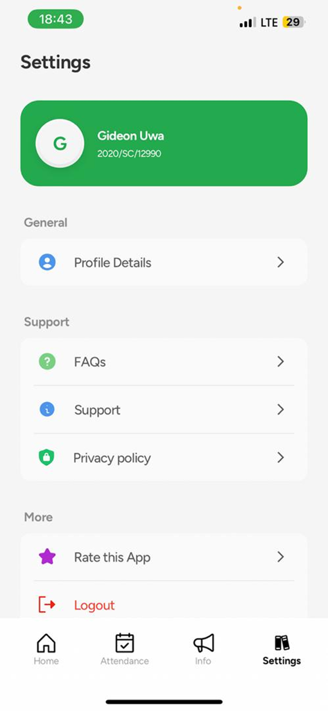 Fred for students - Menú de configuración de la aplicación Fred para estudiantes con perfil de usuario y opciones de soporte.