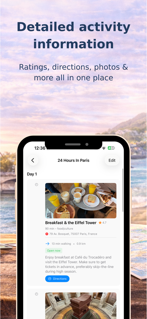 Itinify: Travel Planner - Itinify app screenshot displaying detailed activity information including photos and directions for a Paris travel itinerary.