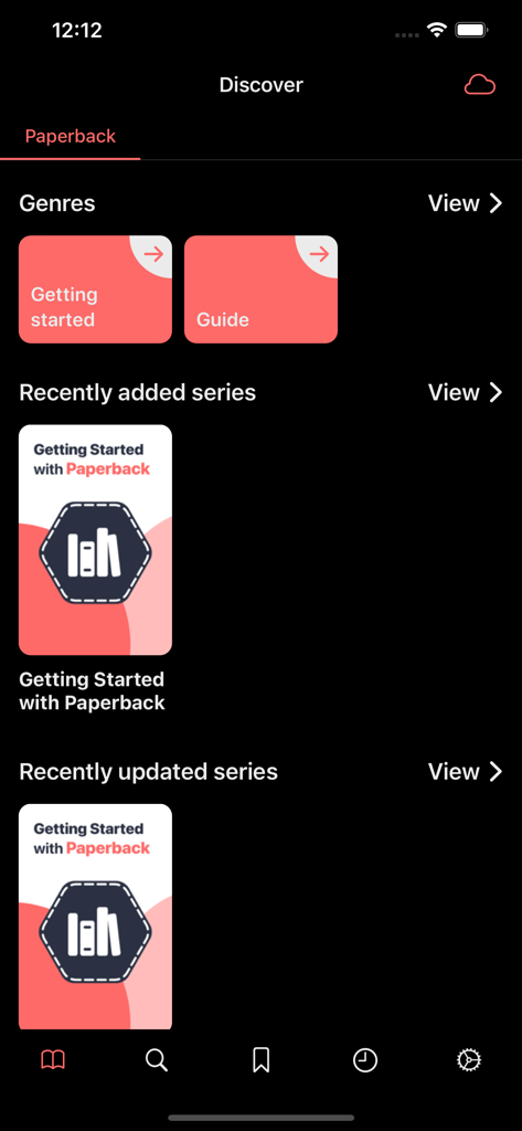 Paperback - Comic/Manga Reader - Paperback manga reader app Discover screen showing genres and series updates