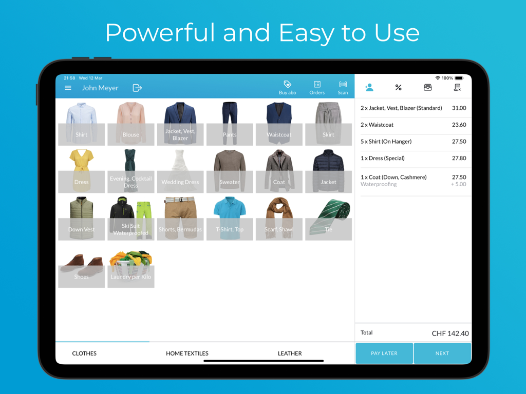 Interfaz de Lagutta POS en iPad mostrando la gestión de pedidos con iconos de prendas y lista de precios para tintorerías.