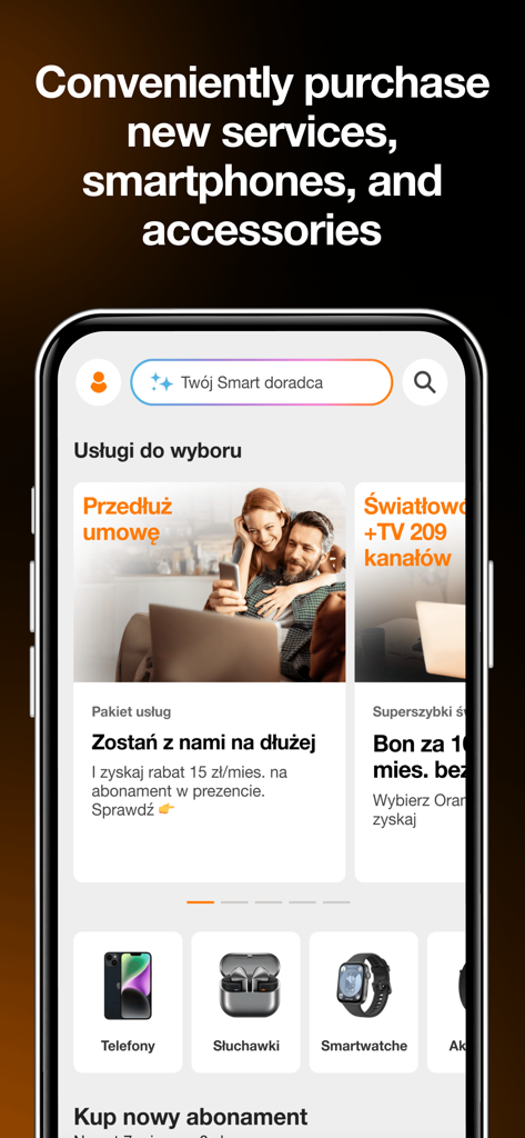Mój Orange - Interfaz de la aplicación Moj Orange para comprar nuevos servicios, smartphones y accesorios