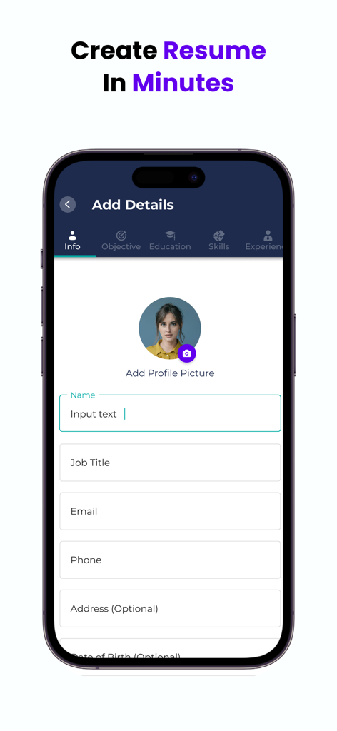 AI Resume Maker - CV Builder - A mobile app screen for entering personal information and a profile picture into a resume builder