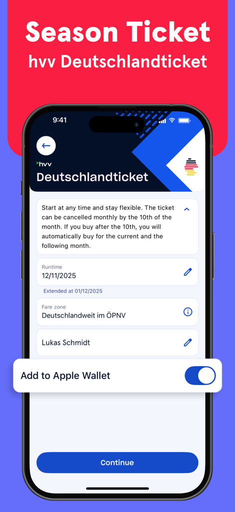 Interface for purchasing the Deutschlandticket season ticket in the hvv switch app with Apple Wallet option.