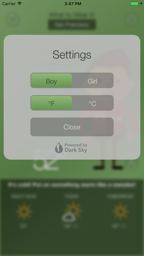 What To Wear Today - Settings menu of the What To Wear Today app for choosing gender and temperature scale