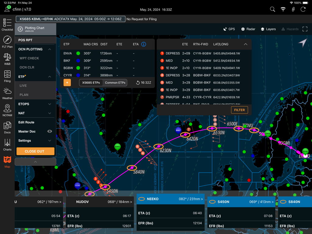 ARINCDirect flight navigation interface displaying an oceanic plotting chart and flight data on an iPad