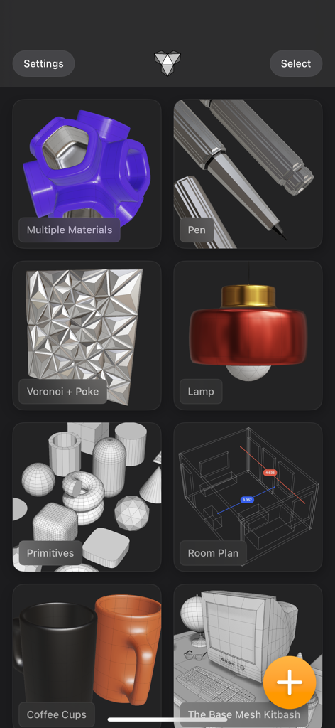Interfaccia dell'app Valence 3D che mostra una galleria di vari progetti di modellazione 3D tra cui una lampada, tazze da caffè e un piano di una stanza.