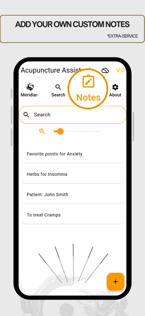 Acupuncture Assistant - Acupuncture Assistant app interface showing custom notes for patient protocols and symptom management