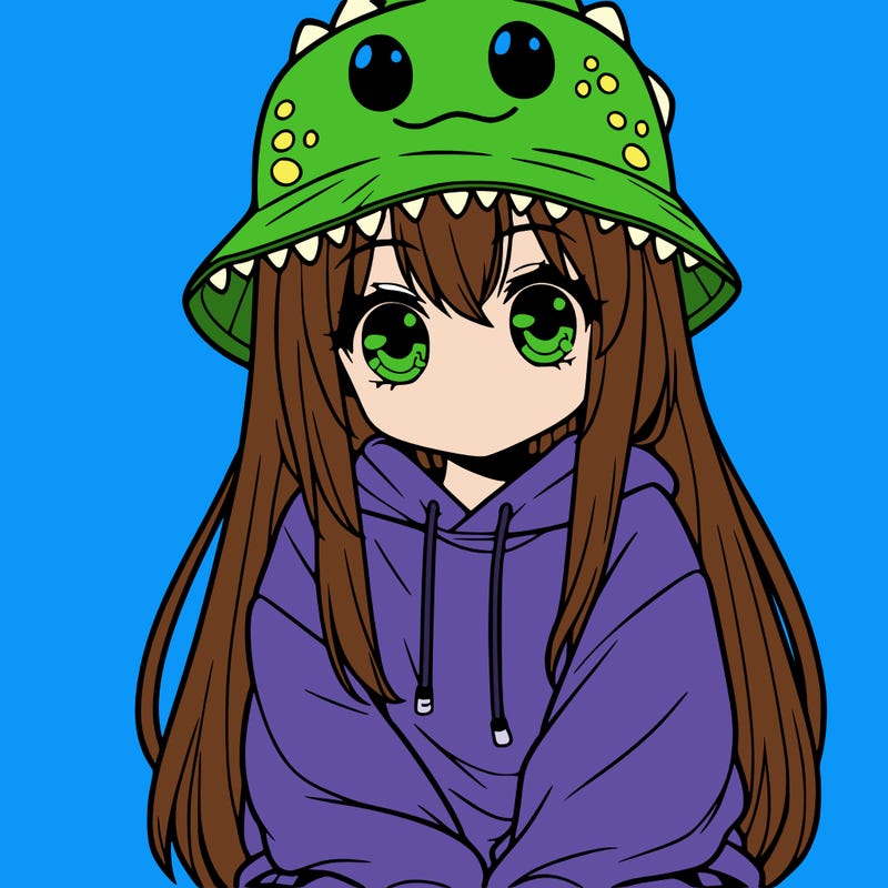 girl with anime shaped eyes with a dinosaur bucket hat oversized sweatshirt long straight hair