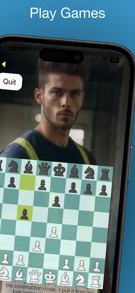 TenderTalk AI Video Calls - A user playing a game of chess against a male AI companion on a smartphone screen.
