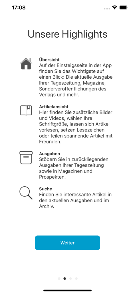 Schermo di benvenuto dell'app Schwaepo e Tagespost che elenca le caratteristiche principali come la vista dell'articolo di sintesi, archivi e funzione di ricerca