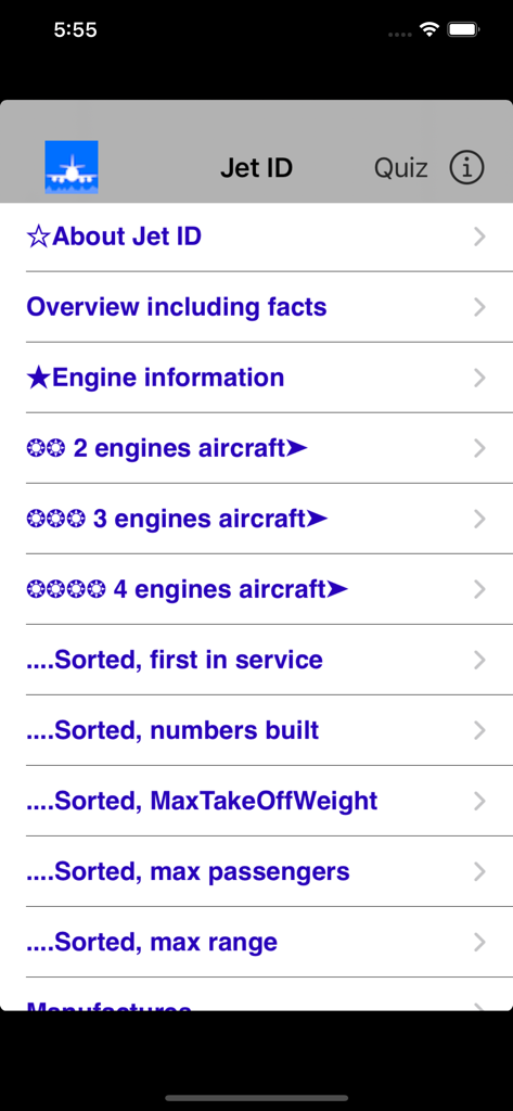 JetID - JetID mobile app menu screen displaying aircraft identification categories