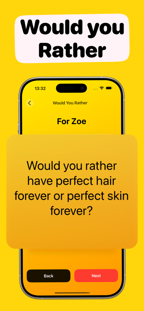 Sleepover Games - I Have Never - A mobile interface for the Would You Rather party game asking a question about hair and skin on a bright yellow background