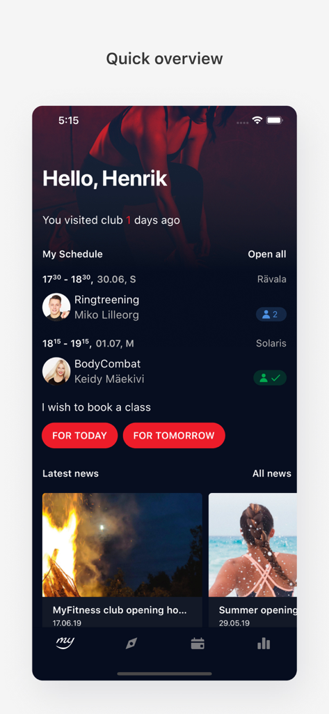 Painel da aplicação MyFitness mostrando o horário do utilizador, reservas de aulas e notícias do clube.