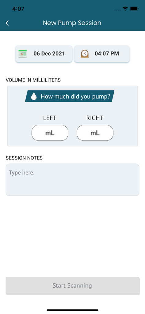 Angel Eye Mobile - Angel Eye Mobile app screen for tracking a new breast milk pumping session including volume and notes