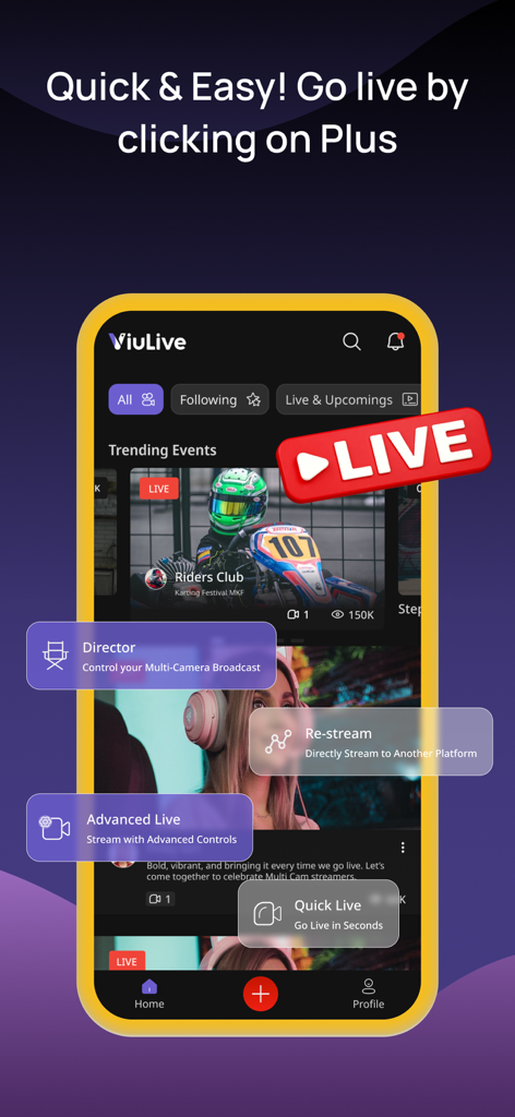 ViuLive: Multicam Live Stream - Panel de la aplicación ViuLive mostrando transmisiones multicámara, retransmisiones y controles avanzados de transmisión en vivo.