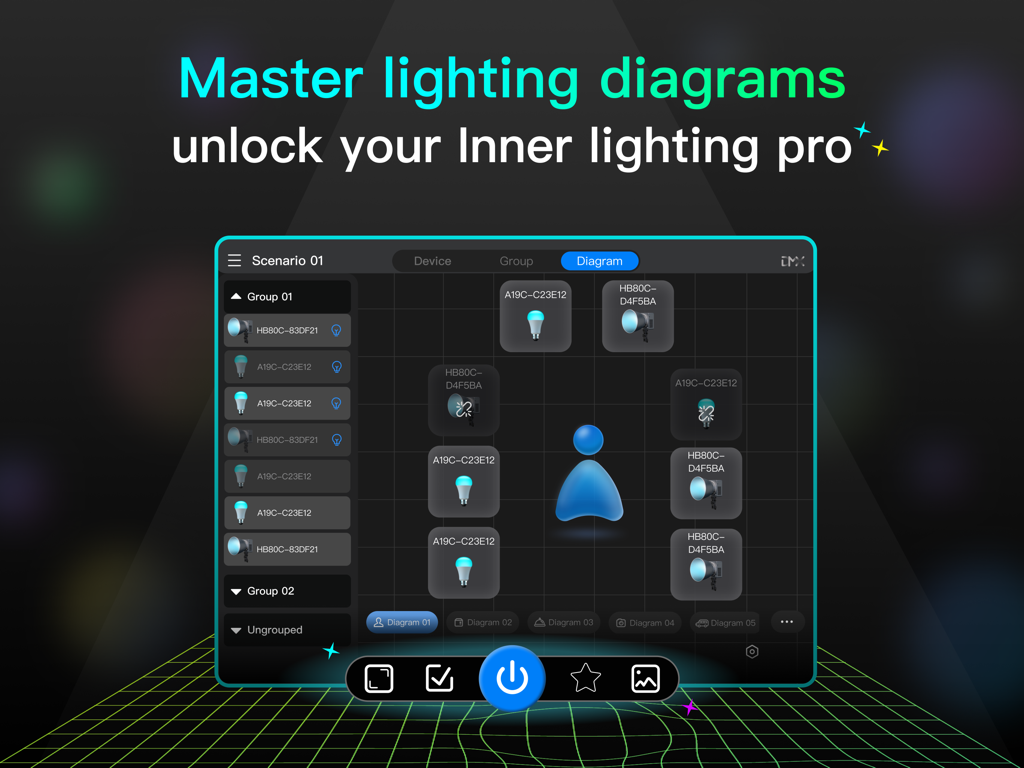 Interface of the NEEWER Studio Tablet app displaying a professional studio lighting diagram with grouped light sources.