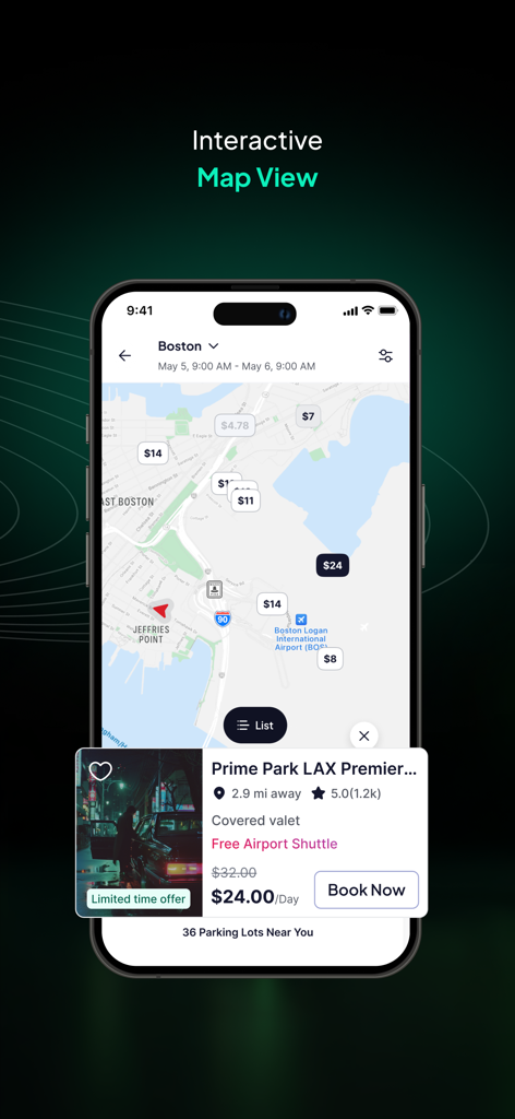 Way app interactive map showing parking locations with daily rates and booking options