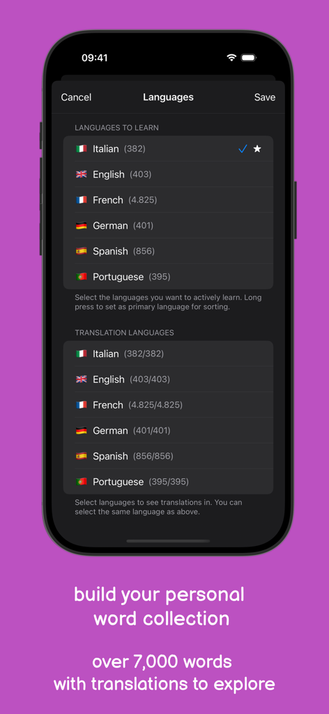 Word of the day - A smartphone screen showing the language settings of the Word of the day app with options for Italian English French German Spanish and Portuguese