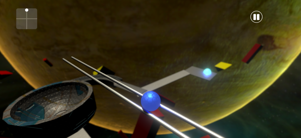 Rollz -Adventure Rolling Ball - Blue ball rolling on metal rails in a dreamlike space environment with a large planet background