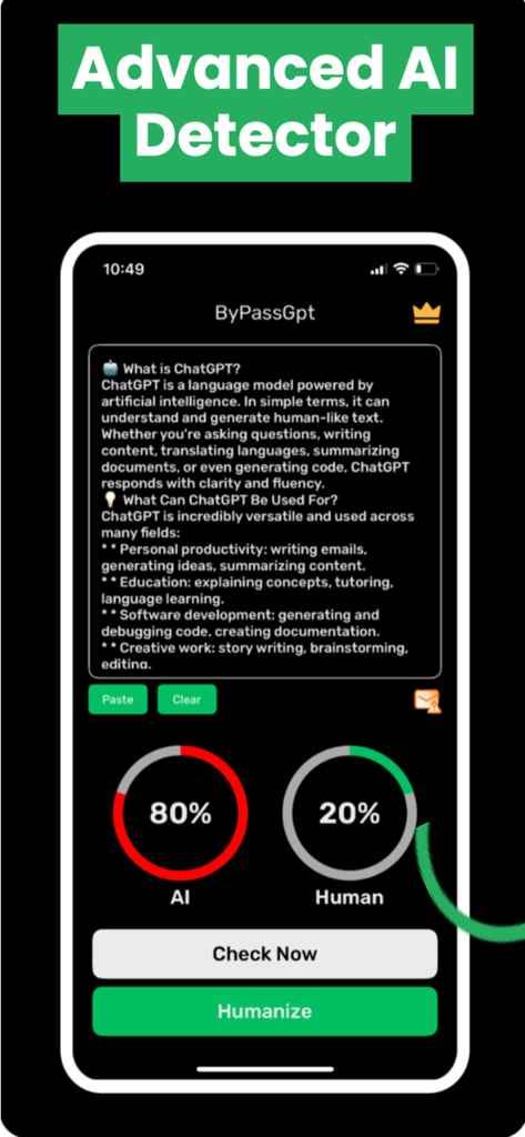 Humanize ai detector bypassgpt - Interface avancée de détection d'IA affichant les scores d'analyse de texte IA et humain