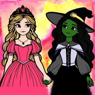 a princess and a witch holding hands realistic