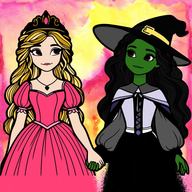 a princess and a witch holding hands realistic