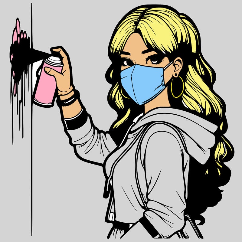 realistic girl with mask spray painting a wall