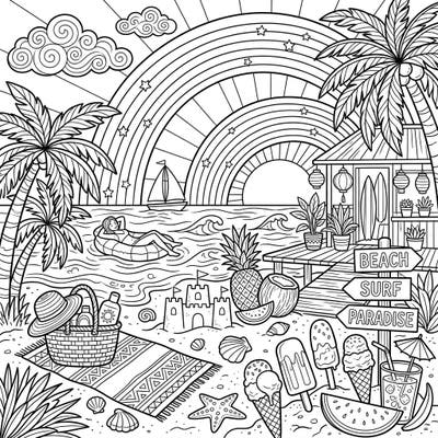 Get ready for a dazzling summer escape with this coloring page featuring majestic double rainbows over a lively beach. Discover a world of sunshine, palm trees, and sweet treats waiting for your creative touch.