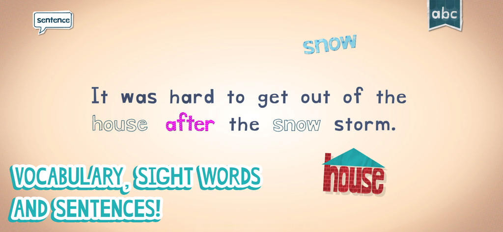 Endless Learning Academy - Interactive vocabulary and sentence learning screen with sight words for children